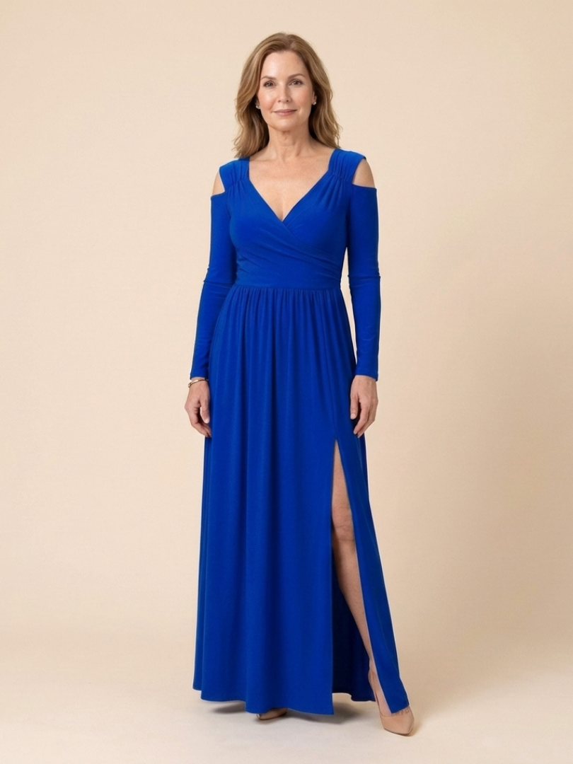Clania | Long Sleeve V Neck Maxi Dress With Slit