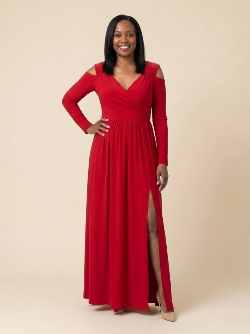 Clania | Long Sleeve V Neck Maxi Dress With Slit