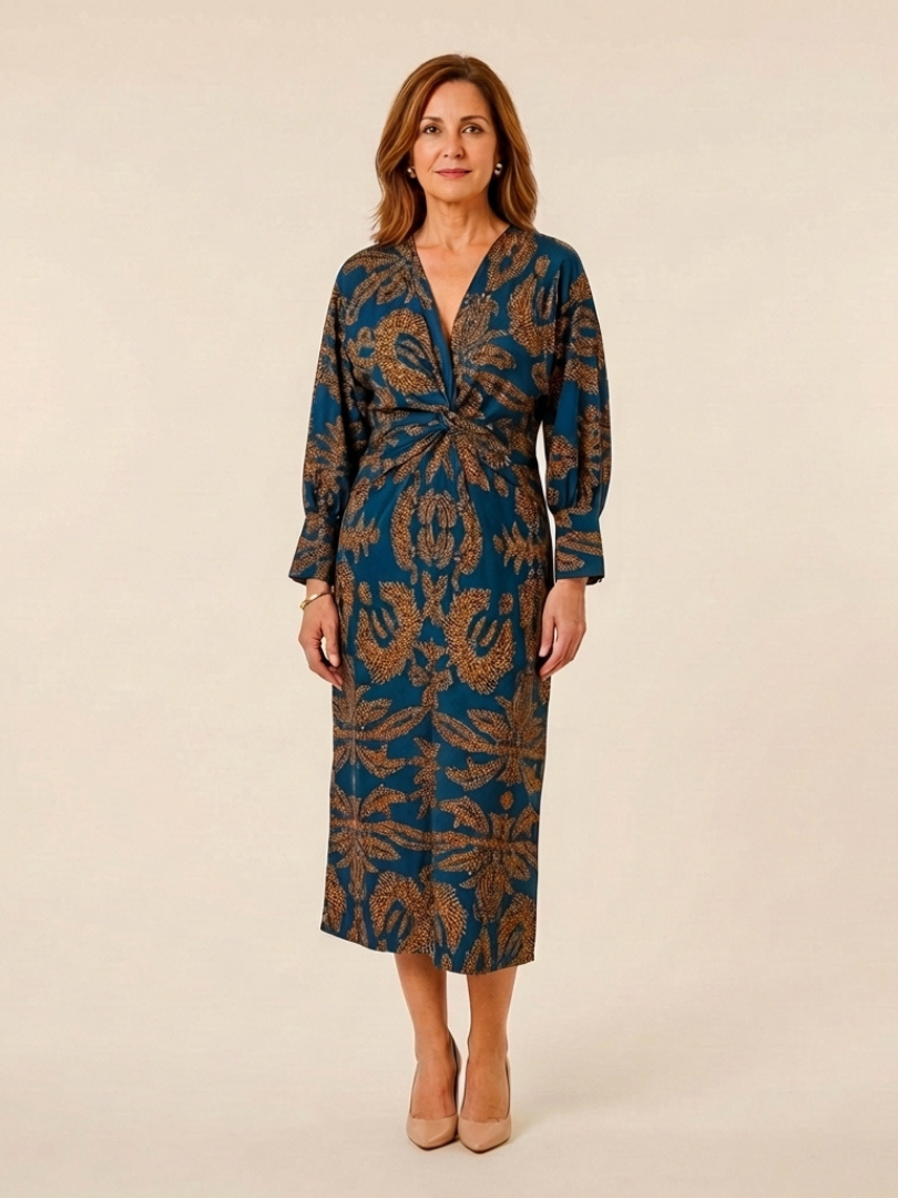 Romyetta | Long Sleeve V Neck Twist Front Midi Dress