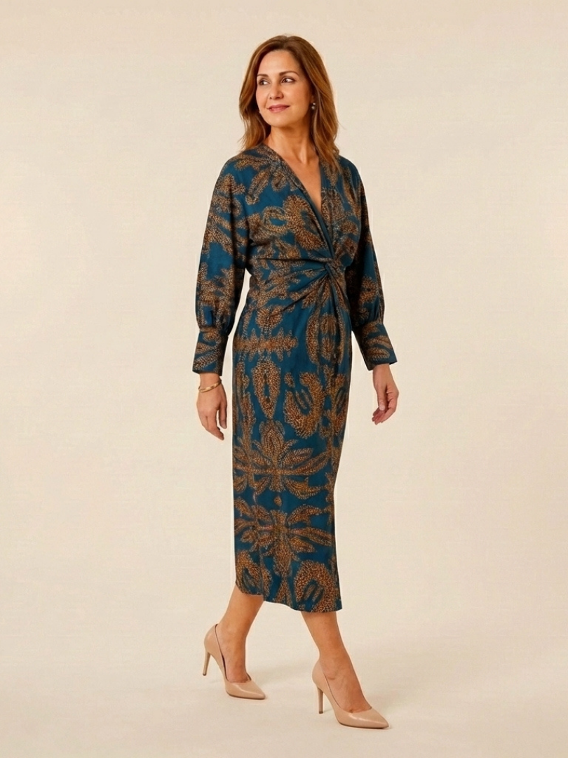 Romyetta | Long Sleeve V Neck Twist Front Midi Dress