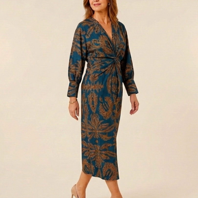 Romyetta | Long Sleeve V Neck Twist Front Midi Dress