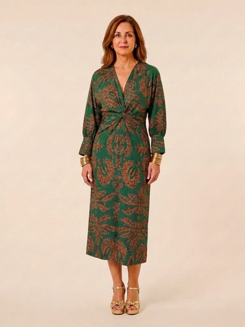 Romyetta | Long Sleeve V Neck Twist Front Midi Dress