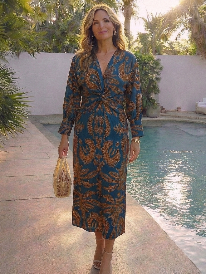Romyetta | Long Sleeve V Neck Twist Front Midi Dress