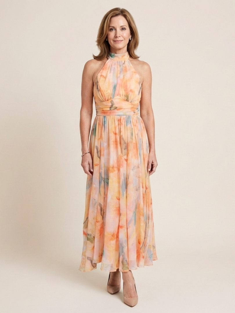 Julndra | Sleeveless High Neck Gathered Waist Midi Dress