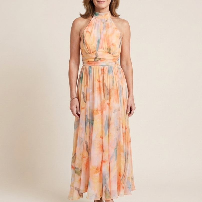 Julndra | Sleeveless High Neck Gathered Waist Midi Dress