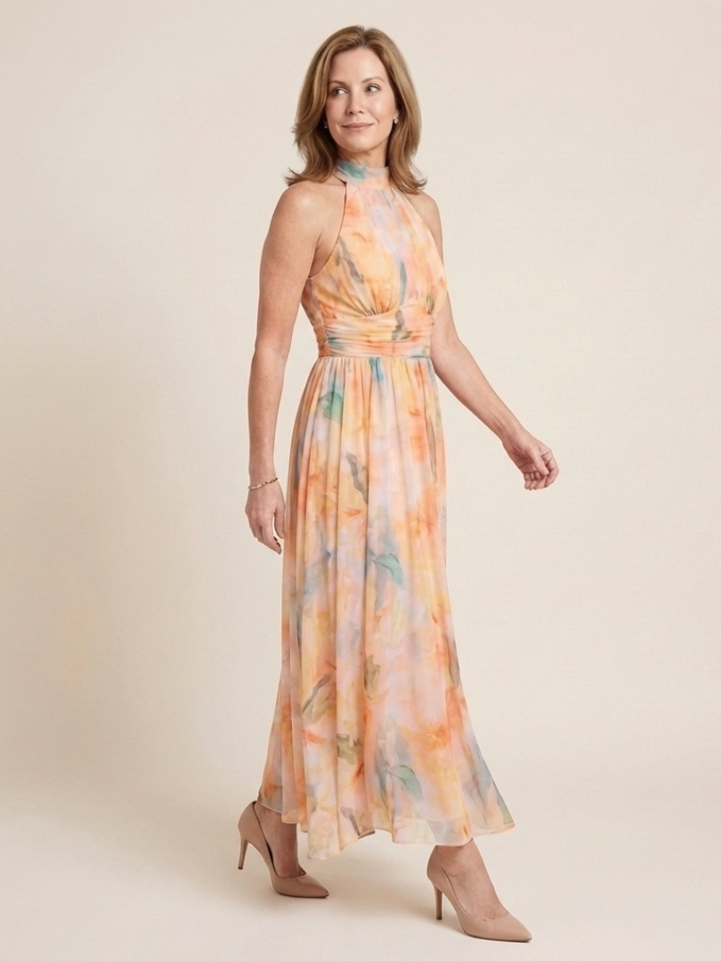 Julndra | Sleeveless High Neck Gathered Waist Midi Dress