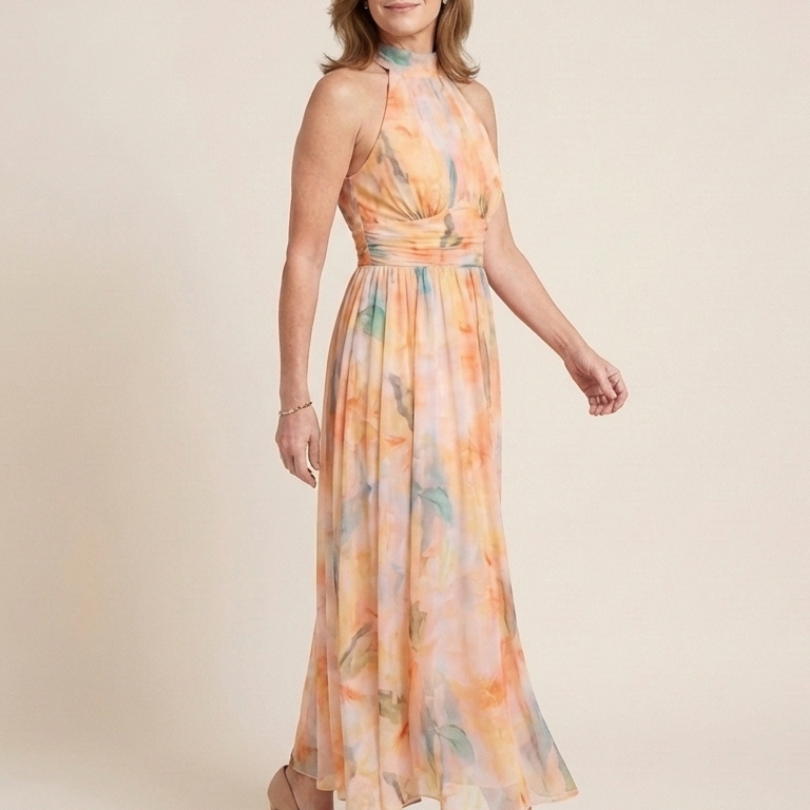 Julndra | Sleeveless High Neck Gathered Waist Midi Dress