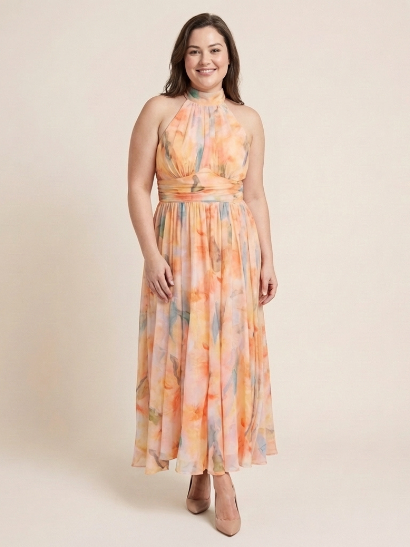 Julndra | Sleeveless High Neck Gathered Waist Midi Dress