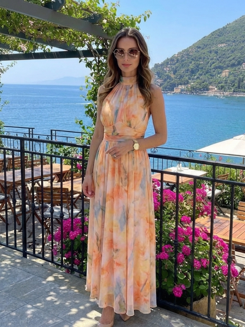 Julndra | Sleeveless High Neck Gathered Waist Midi Dress