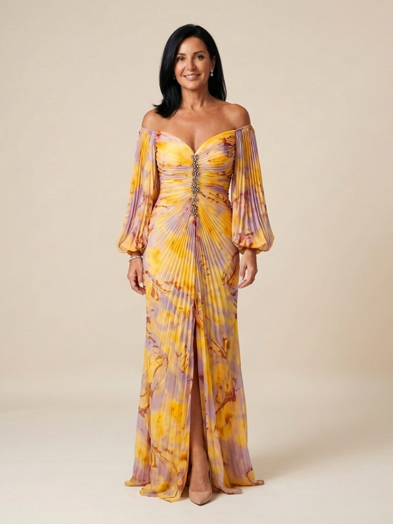 Belina | Off Shoulder Pleated Long Sleeve Maxi Dress