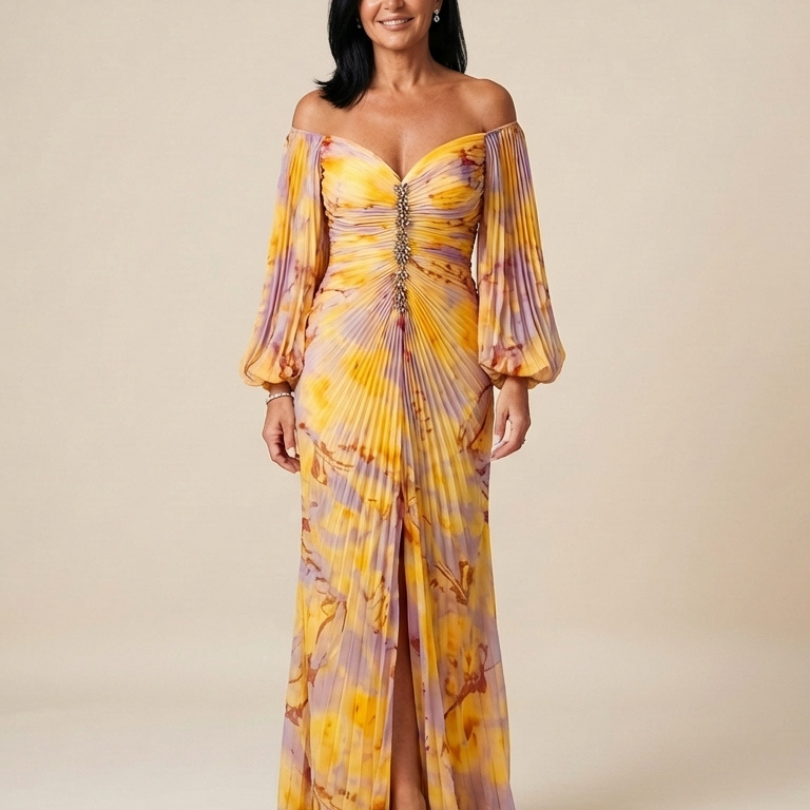 Belina | Off Shoulder Pleated Long Sleeve Maxi Dress