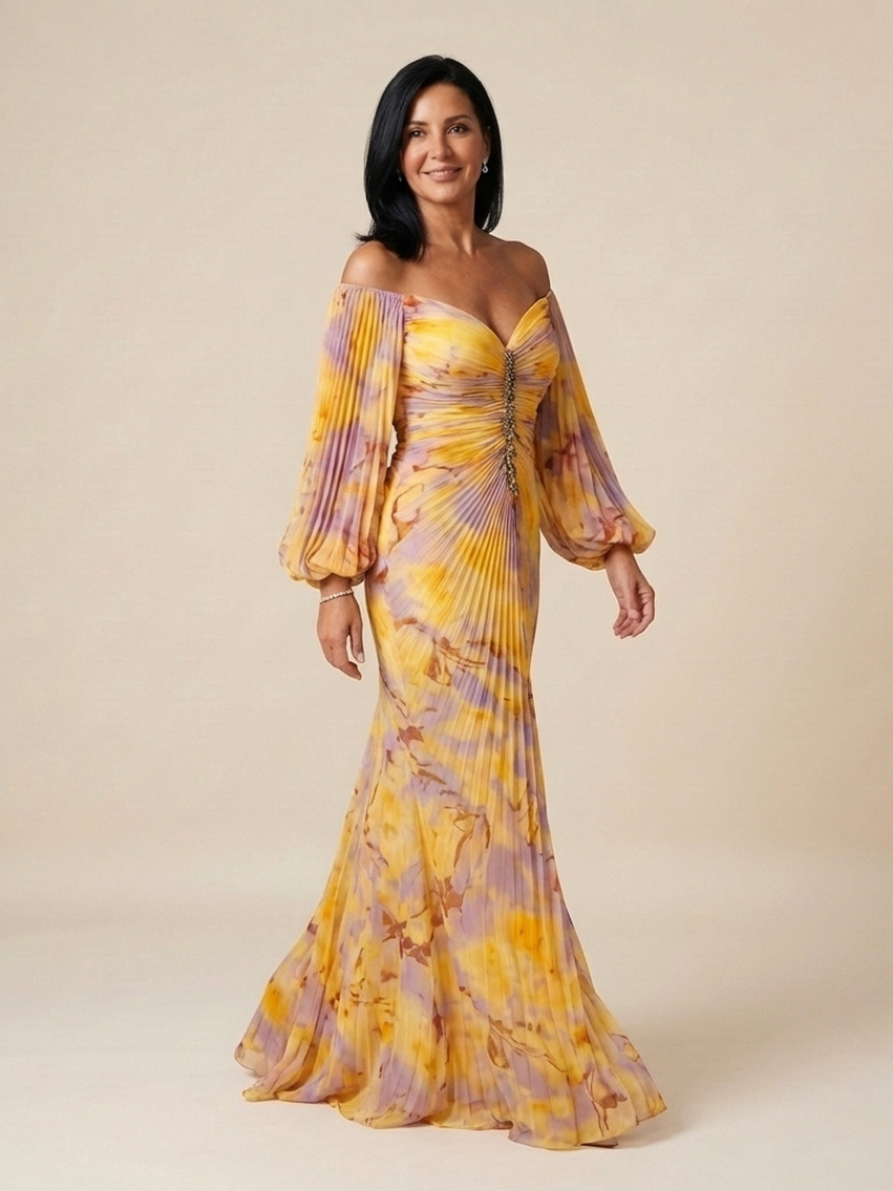 Belina | Off Shoulder Pleated Long Sleeve Maxi Dress