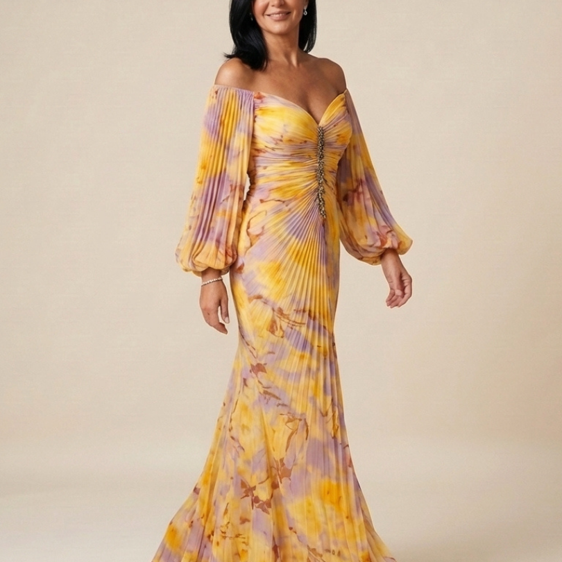 Belina | Off Shoulder Pleated Long Sleeve Maxi Dress