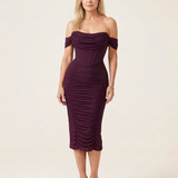 Talda | Off Shoulder Ruched Midi Dress