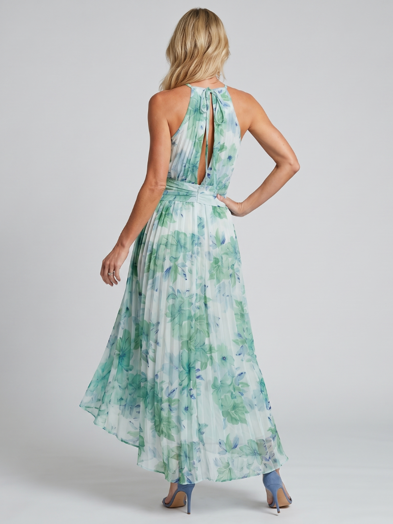 Milmarie | Pleated Halter Soft Floral Pattern Midi Dress