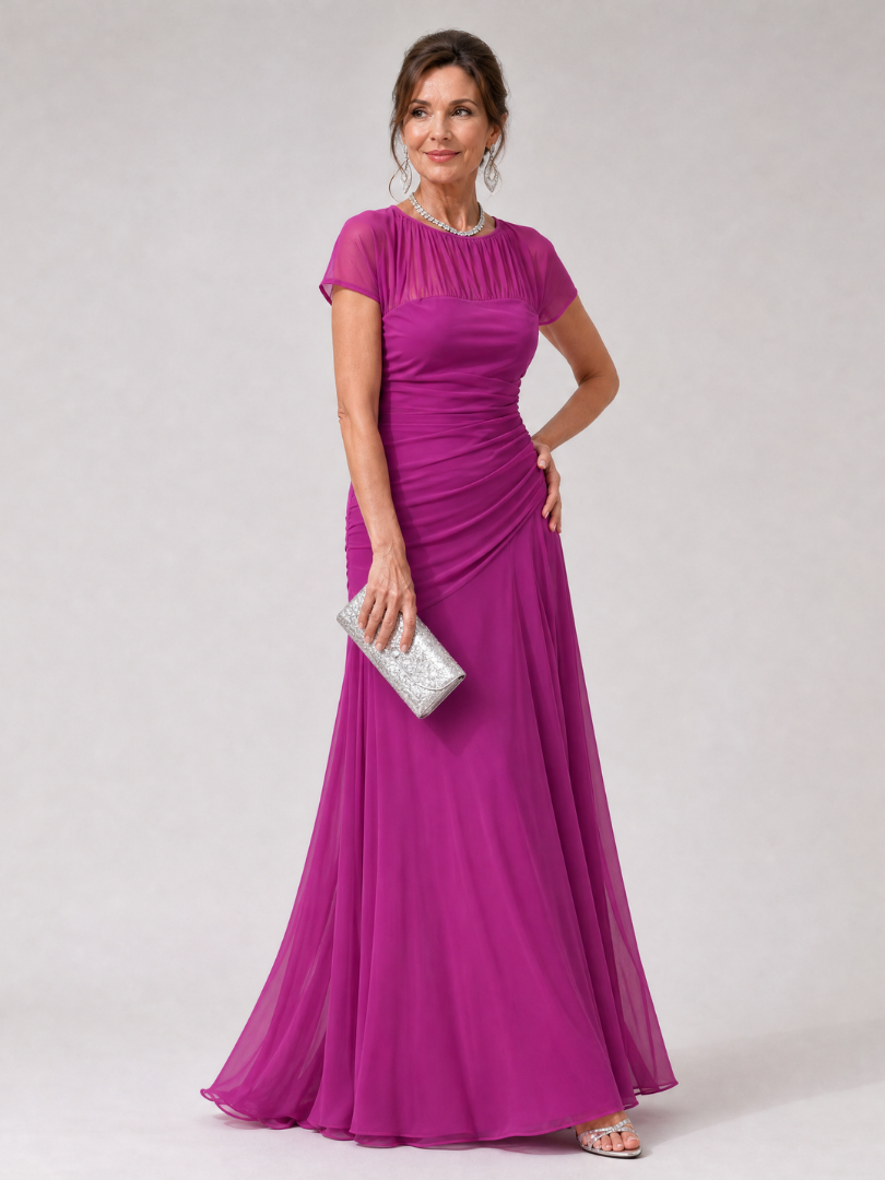 Orlalora | Mesh Yoke Ruched Maxi Dress