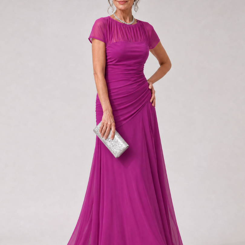 Orlalora | Mesh Yoke Ruched Maxi Dress
