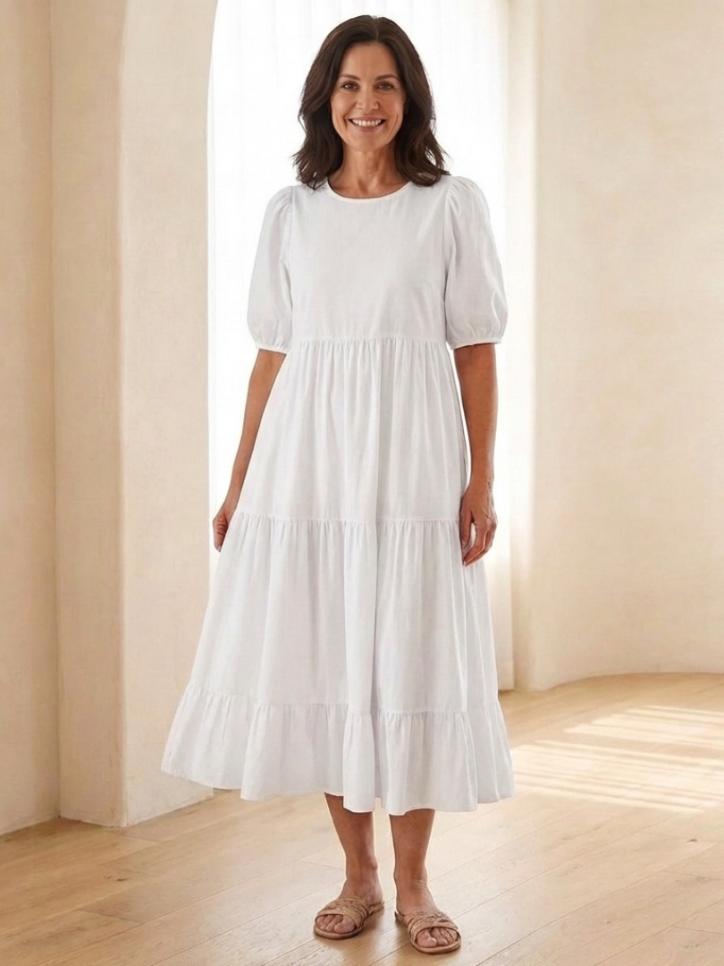 Gretalyn | Round Neck Puff Sleeve Tiered Midi Dress