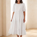 Gretalyn | Round Neck Puff Sleeve Tiered Midi Dress