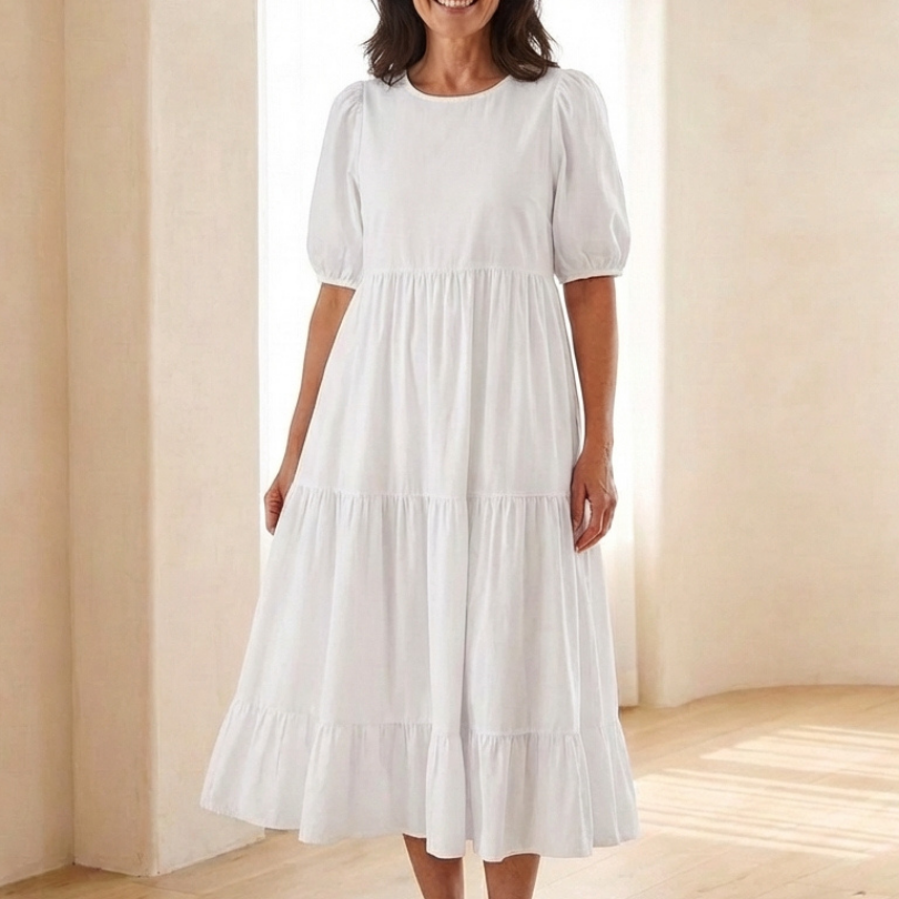 Gretalyn | Round Neck Puff Sleeve Tiered Midi Dress