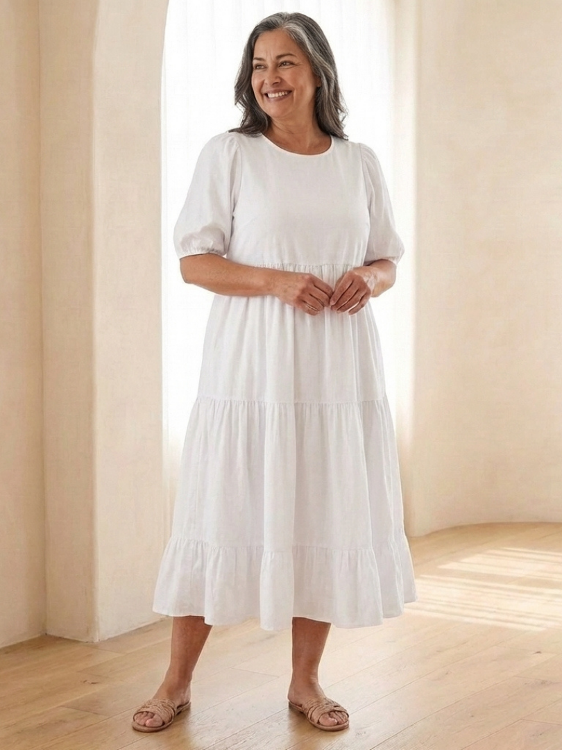 Gretalyn | Round Neck Puff Sleeve Tiered Midi Dress