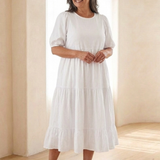 Gretalyn | Round Neck Puff Sleeve Tiered Midi Dress