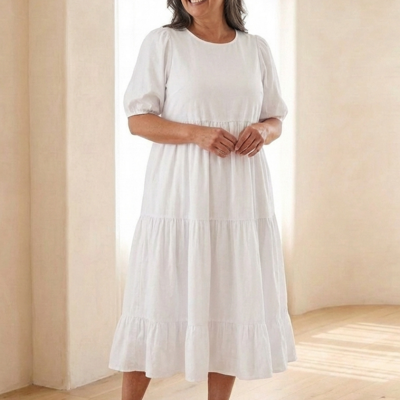 Gretalyn | Round Neck Puff Sleeve Tiered Midi Dress