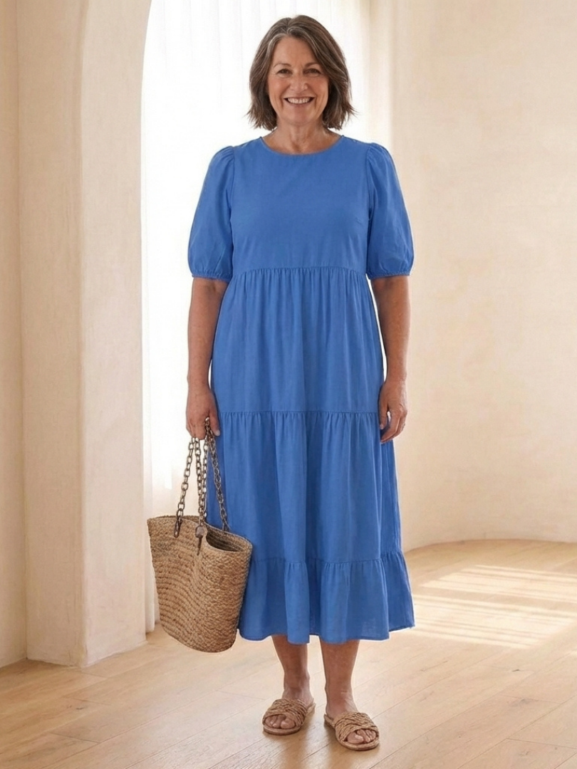 Gretalyn | Round Neck Puff Sleeve Tiered Midi Dress