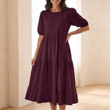 Gretalyn | Round Neck Puff Sleeve Tiered Midi Dress