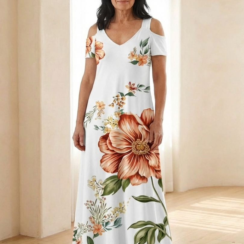 Norana | Floral V Neck Short Sleeve Maxi Dress
