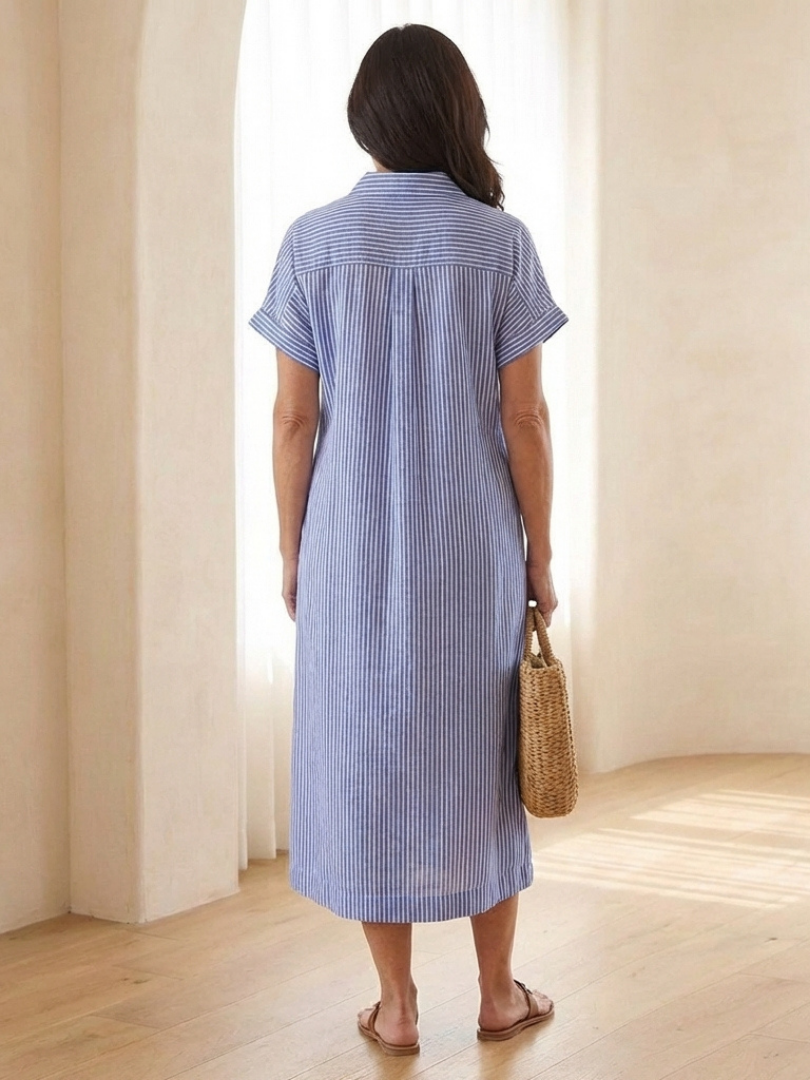 Delwynne | Striped Button Front Short Sleeve Midi Dress