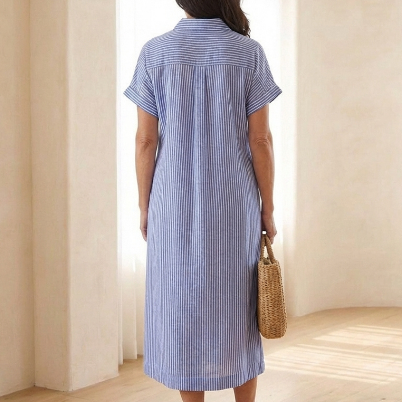 Delwynne | Striped Button Front Short Sleeve Midi Dress