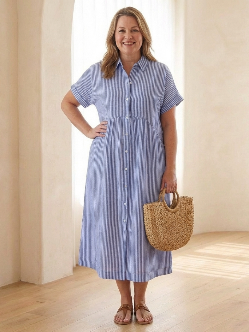 Delwynne | Striped Button Front Short Sleeve Midi Dress