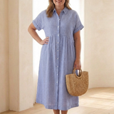 Delwynne | Striped Button Front Short Sleeve Midi Dress