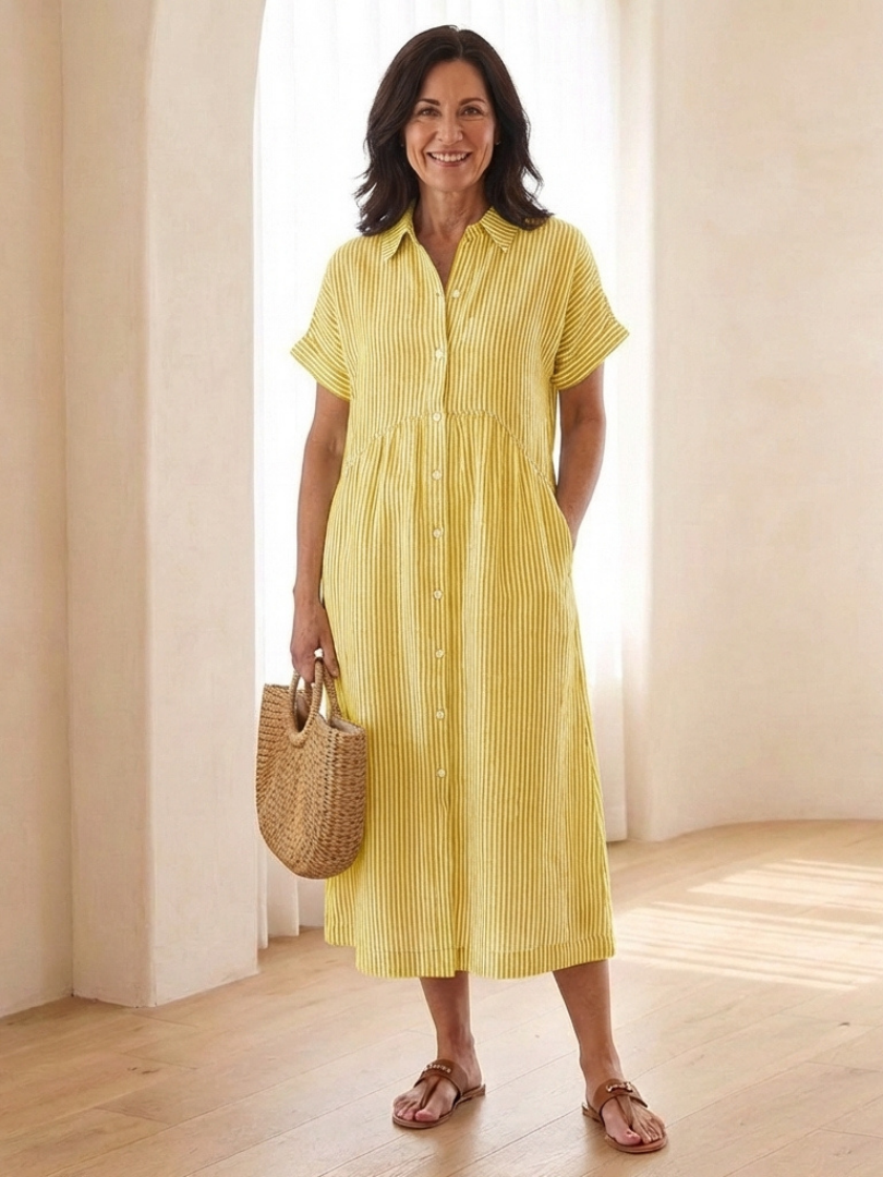 Delwynne | Striped Button Front Short Sleeve Midi Dress