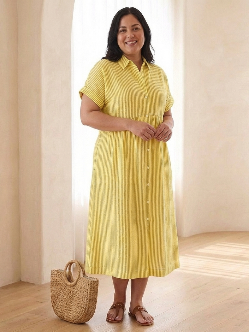 Delwynne | Striped Button Front Short Sleeve Midi Dress