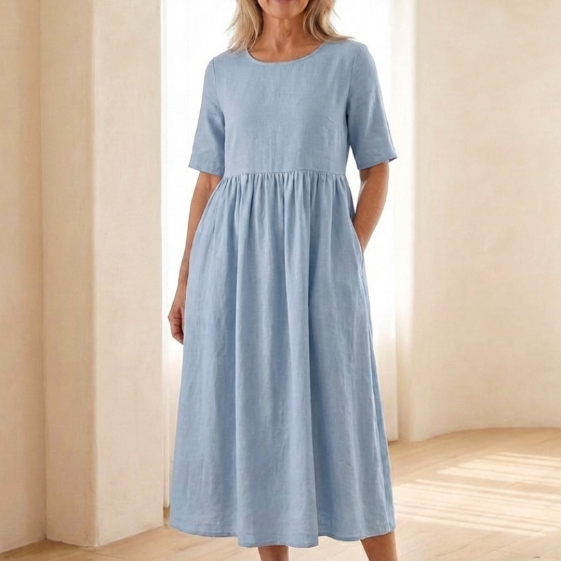 Belrin | Round Neck Short Sleeve Gathered Midi Dress