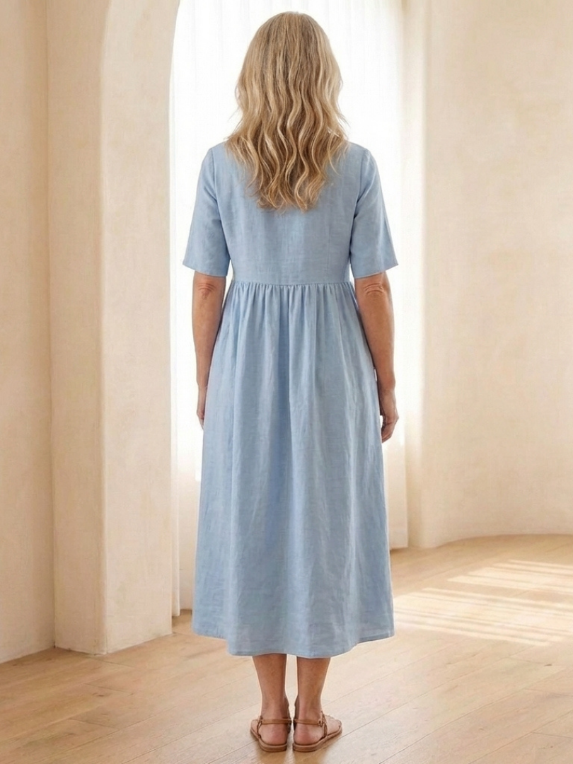 Belrin | Round Neck Short Sleeve Gathered Midi Dress