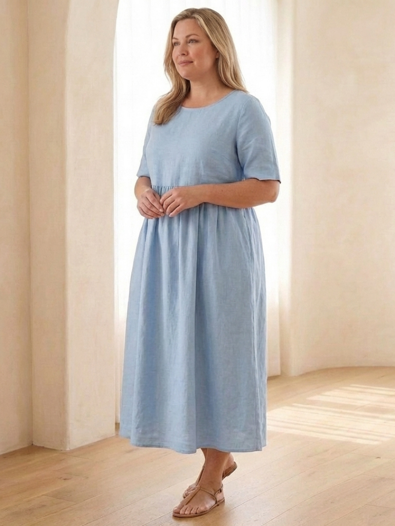Belrin | Round Neck Short Sleeve Gathered Midi Dress