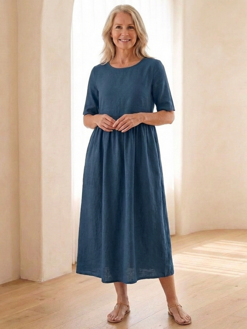 Belrin | Round Neck Short Sleeve Gathered Midi Dress