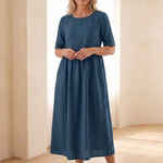 Belrin | Round Neck Short Sleeve Gathered Midi Dress