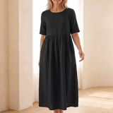 Belrin | Round Neck Short Sleeve Gathered Midi Dress