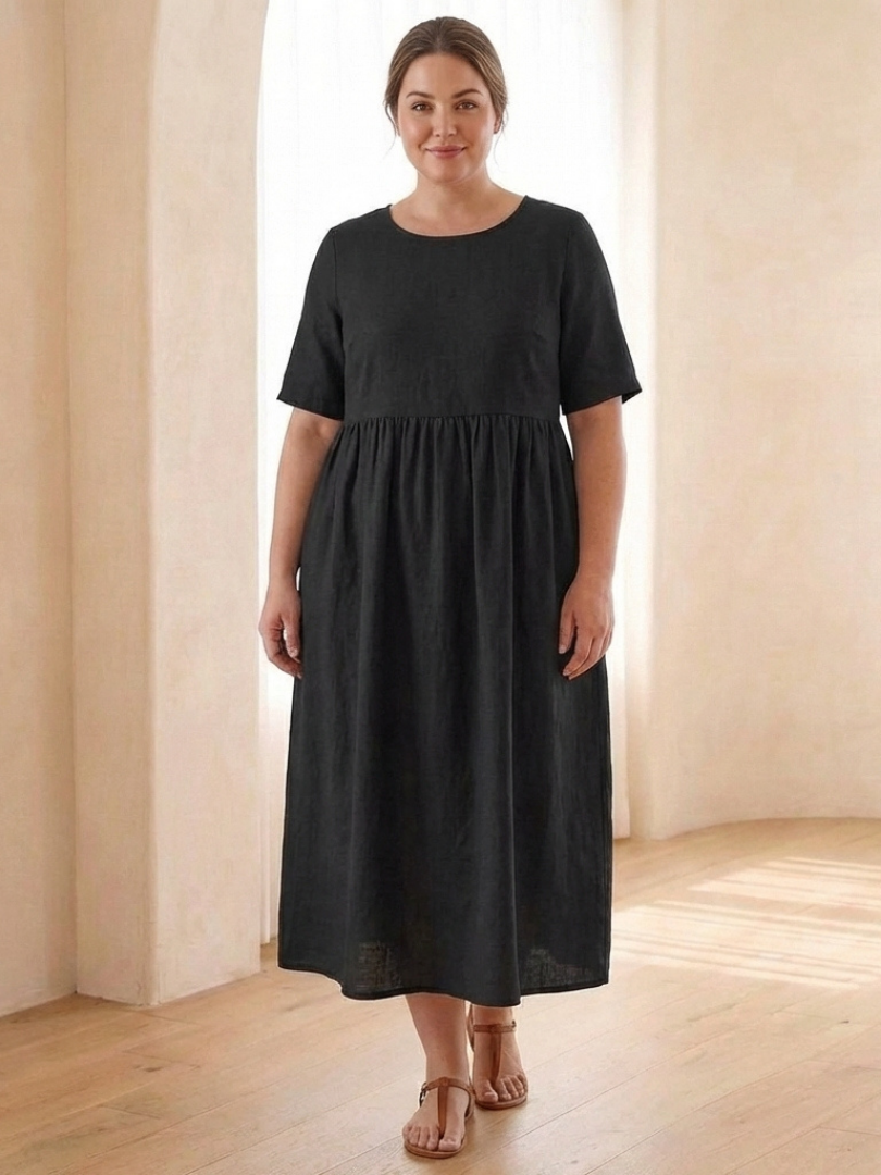 Belrin | Round Neck Short Sleeve Gathered Midi Dress