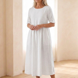 Belrin | Round Neck Short Sleeve Gathered Midi Dress