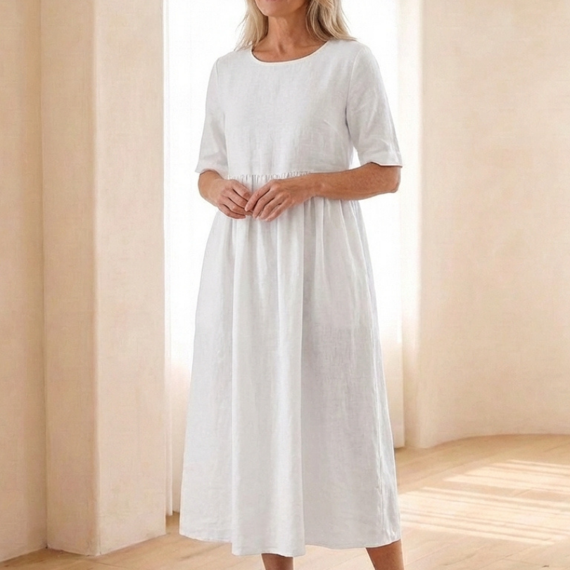 Belrin | Round Neck Short Sleeve Gathered Midi Dress