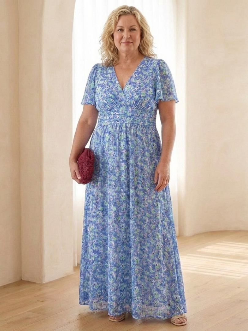Fleurla | Floral V Neck Short Sleeve Maxi Dress