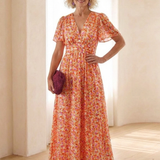 Fleurla | Floral V Neck Short Sleeve Maxi Dress