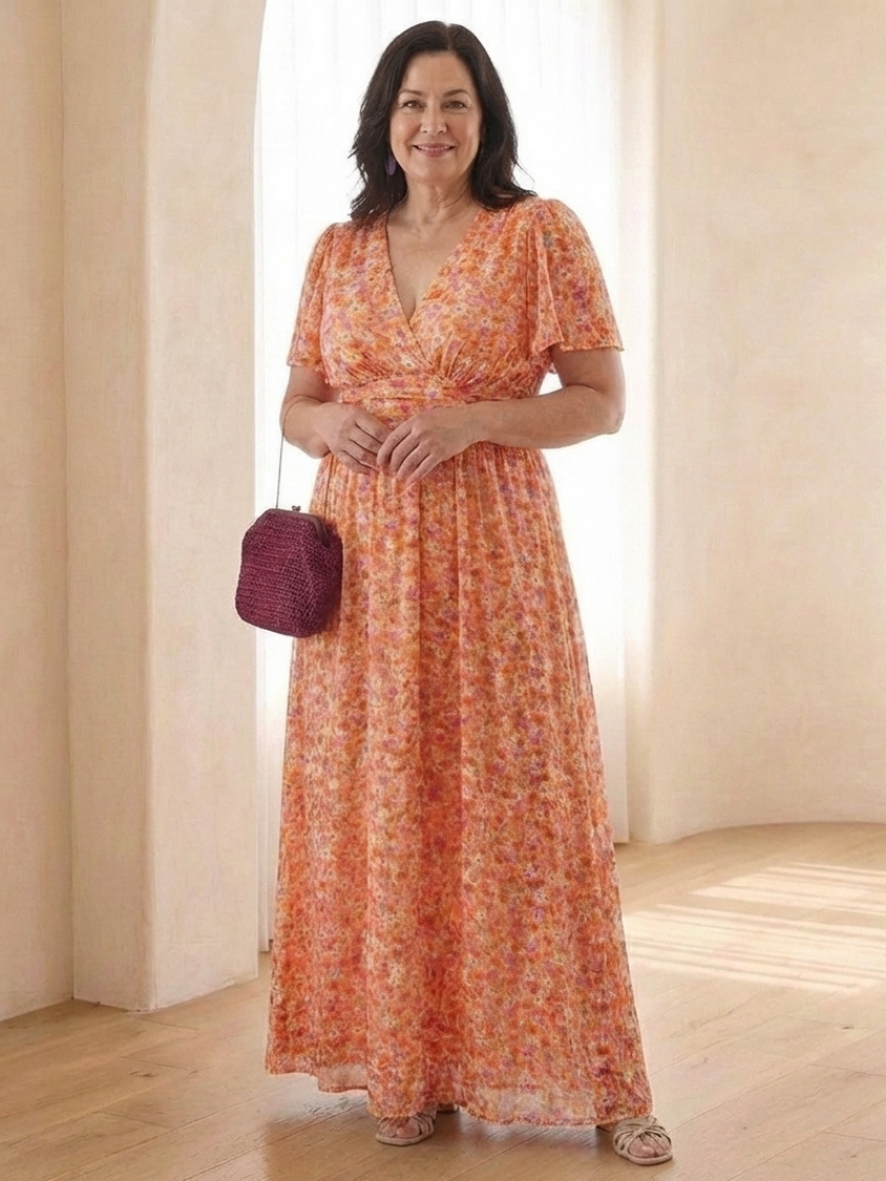 Fleurla | Floral V Neck Short Sleeve Maxi Dress
