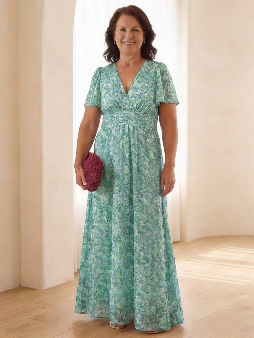 Fleurla | Floral V Neck Short Sleeve Maxi Dress