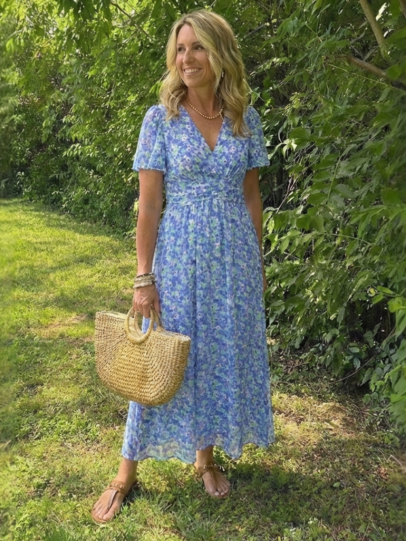 Fleurla | Floral V Neck Short Sleeve Maxi Dress
